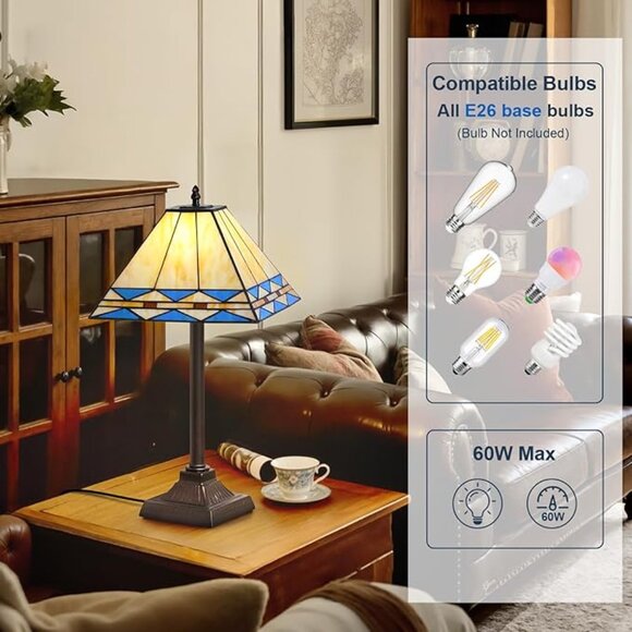 Tiffany Style Table Lamp, Vintage Bedside Nightstand Lamp w/Square Stained Glass - Picture 3 of 5